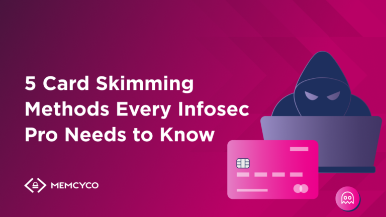 A graphic featuring the text "5 Card Skimming Methods Every Infosec Pro Needs to Know," with a hooded figure at a laptop and an illustrated credit card, highlights essential Card Skimming tactics every security professional should recognize.