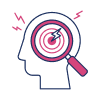 Outline of a human head with a magnifying glass focusing on a target and lightning bolt, symbolizing headache or mental focus—ideal for a survey landing page about health or stress. Red lightning marks accentuate the pain points.